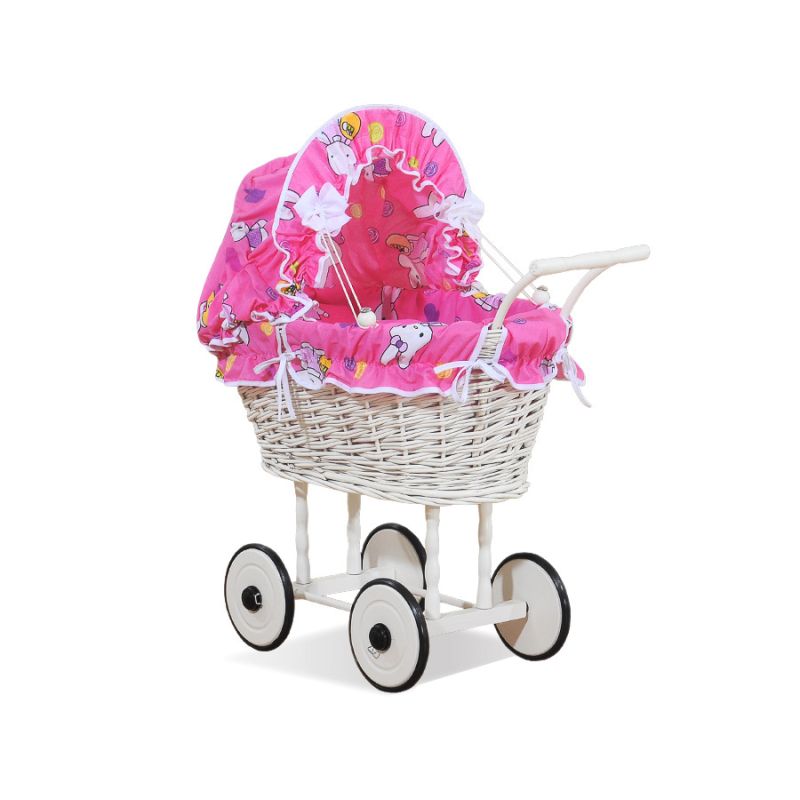 Carrito de Muñecas My Sweet Baby de Mimbre con Ropa de Cama Rosa