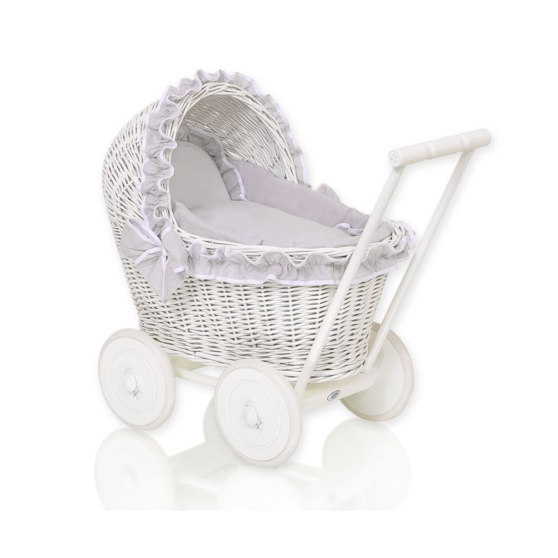 Carrito de muñecas de mimbre My Sweet Baby con ropa gris