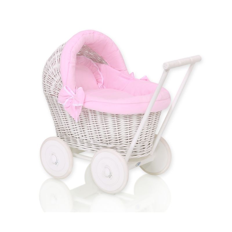 Wicker Doll Pushchair White With Pink Bedding And Soft Padding Stella