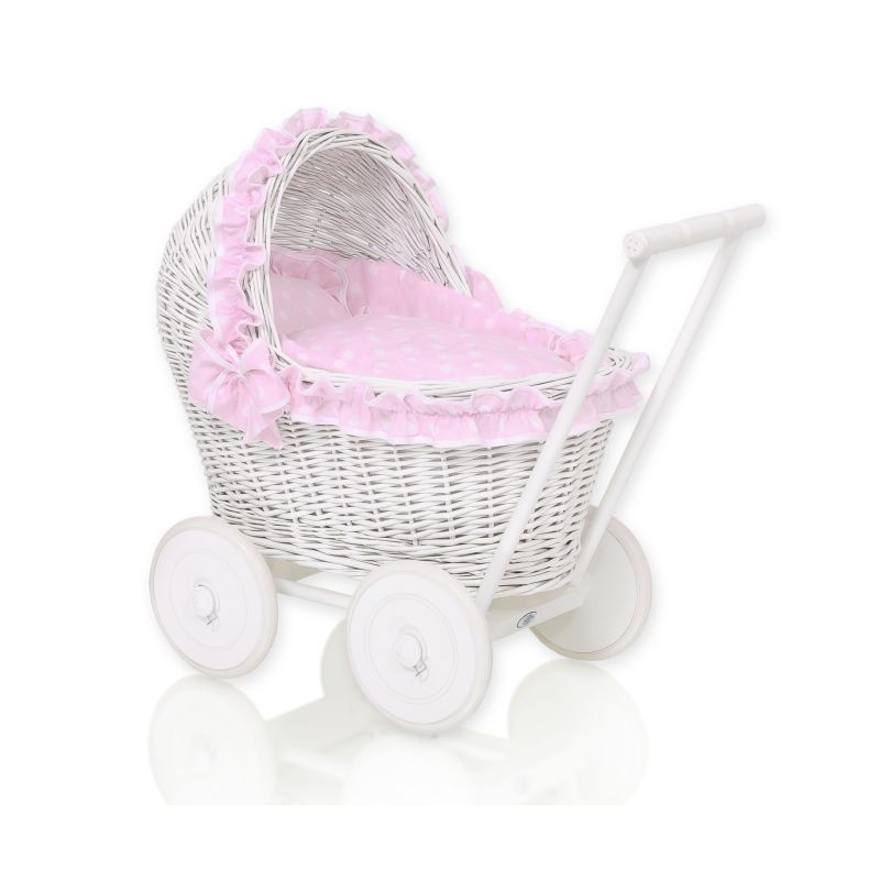 Carrito de muñecas de mimbre My Sweet Baby con ropa de cama rosa