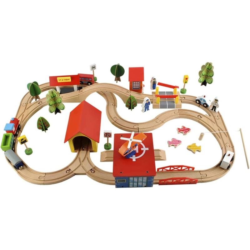 Pista de tren de madera con edificios y helipuerto , 69 piezas - imagen 7