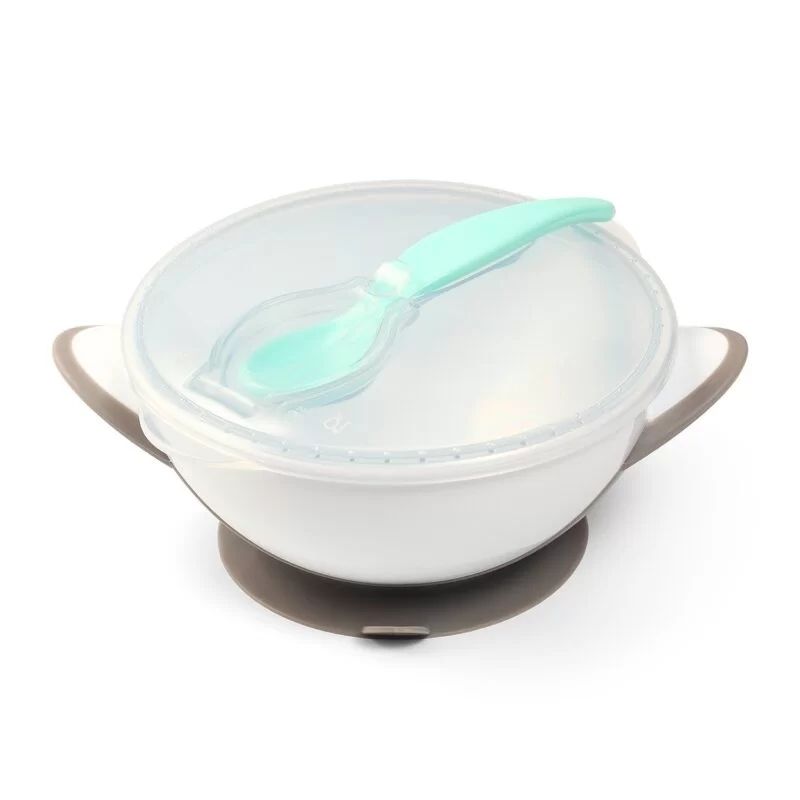 Cuenco con ventosa y cuchara BabyOno en color azul, ideal para viajes y paseos con bebés.