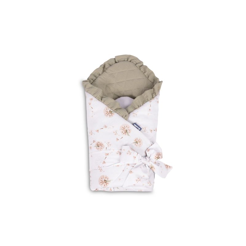 Saco arrullo para bebé 75x75 cm en algodón y muselina acolchada. Doble cara, relleno hipoalergénico y cierre ajustable. Diseño Dandelions Beige.