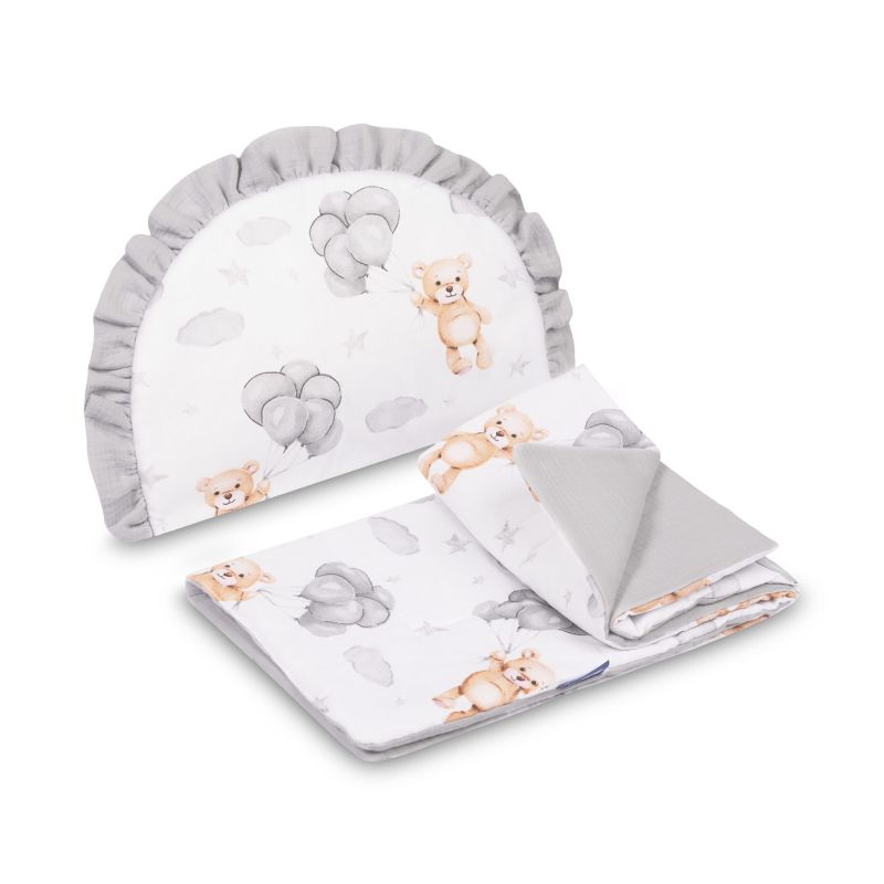 Set para Carrito de Bebé Muselina y Algodón Teddy Gris – Manta y Almohada Reversible 0+