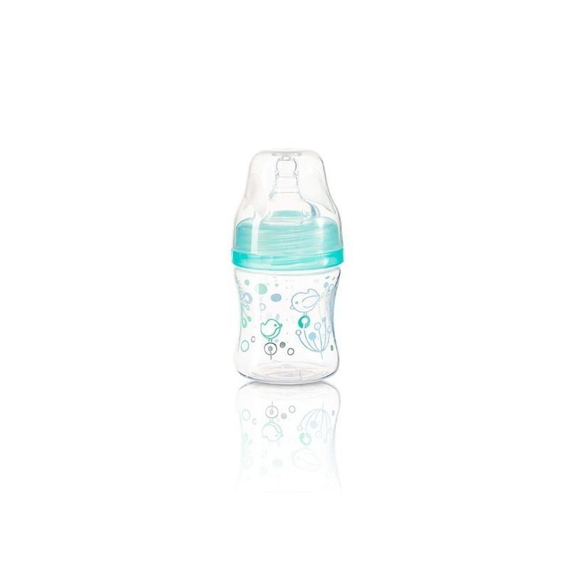 Biberón anticólicos BabyOno de boca ancha 120ml en verde, para una alimentación cómoda y segura del bebé.