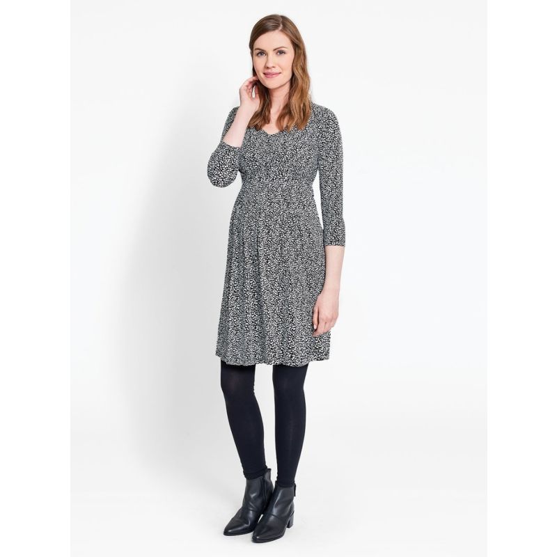 Vestido moteado para embarazo y lactancia, disponible en tallas S y M para futuras mamás.