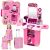 Juego de maquillaje en maletín rosa con accesorios incluidos.