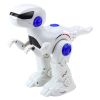 Dinosaurio robot de colores blanco, negro y azul, material resistente.