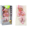 Muñeca con suéter a rayas, gorro y bufanda, rosa