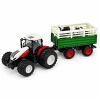 Tractor de granja RC color rojo y blanco con remolque verde
