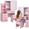 Mesa de maquillaje rosa con espejo y taburete