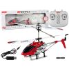 Helicóptero SYMA S107H rojo en vuelo mostrando su diseño aerodinámico.
