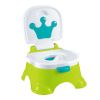 Detalle de la corona azul decorativa y los elementos musicales del orinal verde