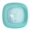 Set de platos Chicco azul, ideal para bebés aprendiendo a comer.