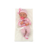 Muñeca con suéter a rayas, gorro y bufanda, rosa