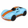 Coche RC moderno en azul y naranja, hecho de plástico duradero.