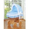 Cuna Moisés de Mimbre Bellamy Natural con Capota y Ropa de Cama Azul – Base con Ruedas