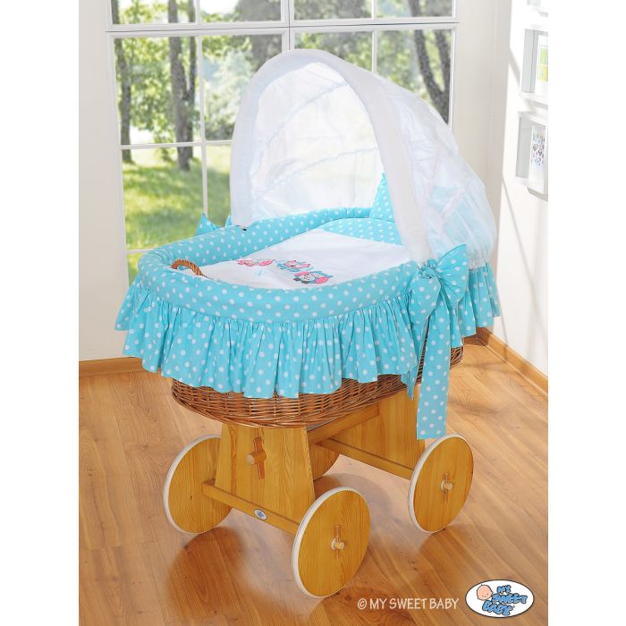 Moisés de Mimbre Owls Turquesa – Cesta Natural con Capota y base con Ruedas - Azul y Natural