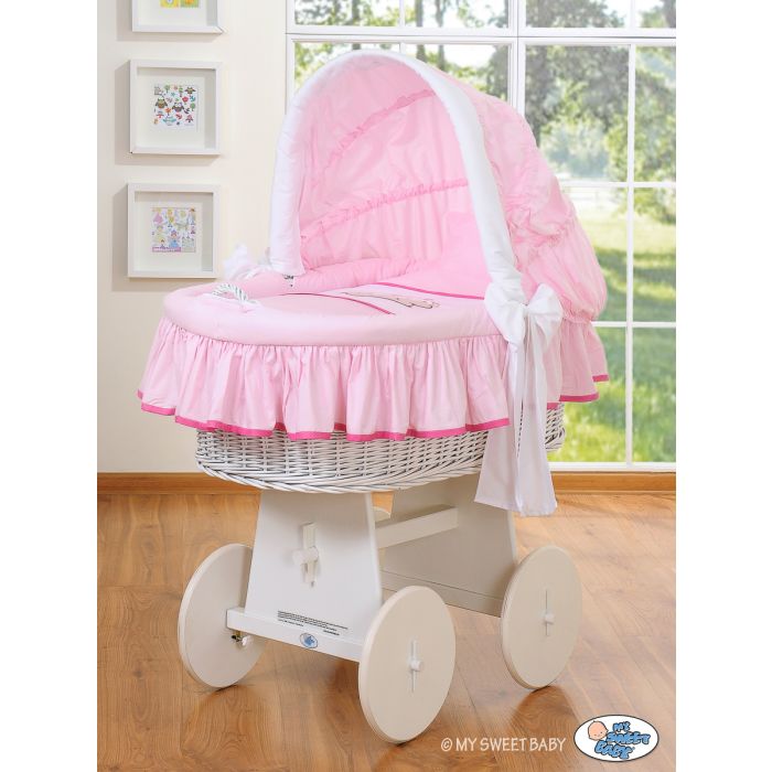 Moisés de Mimbre Teddy Bear Barnaba Rosa con Capota y Ropa de Cuna – Extra Grande imagen frontal