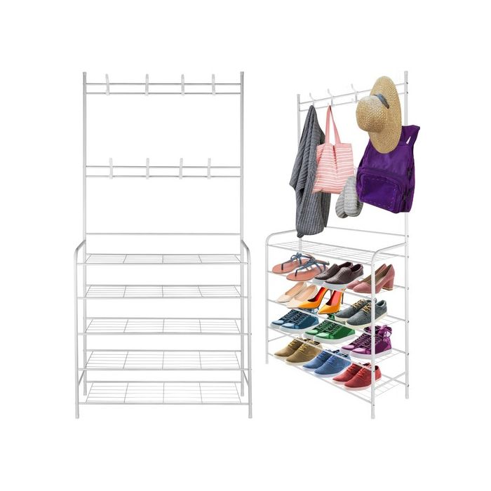 Mueble zapatero metálico blanco con percheros