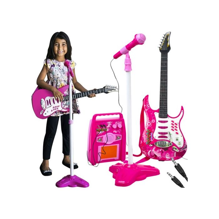 Guitarra eléctrica + Amplificador + Micrófono con Soporte de Color Rosa