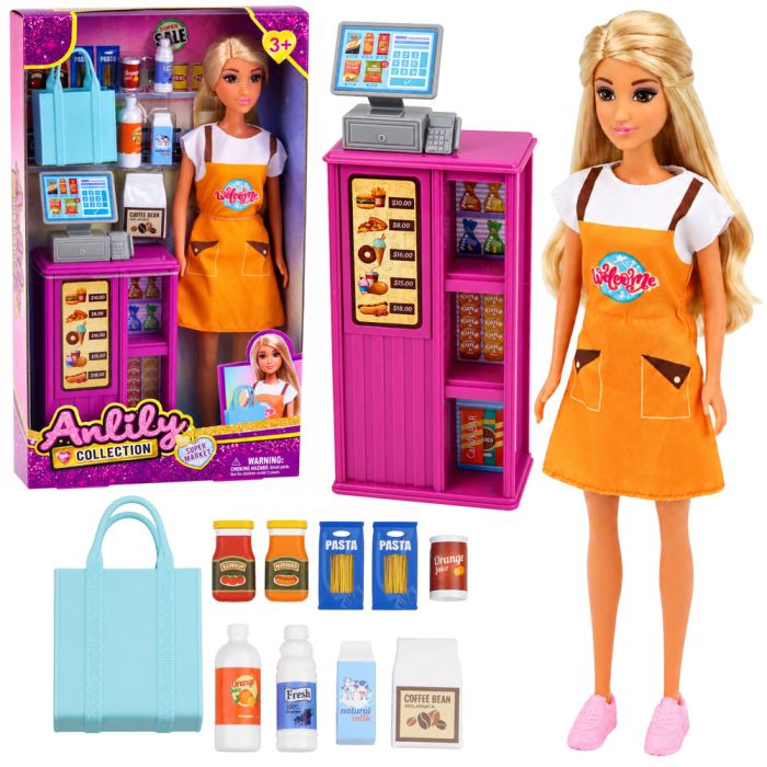 Muñeca cajera Anlily con caja registradora y accesorios de supermercado.