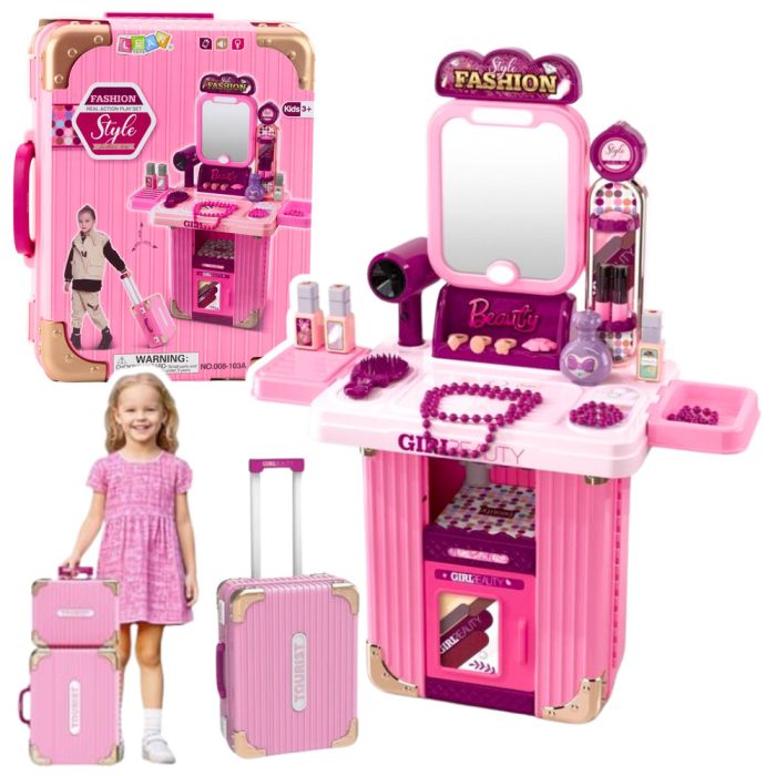 Juego de maquillaje en maletín rosa con accesorios incluidos.