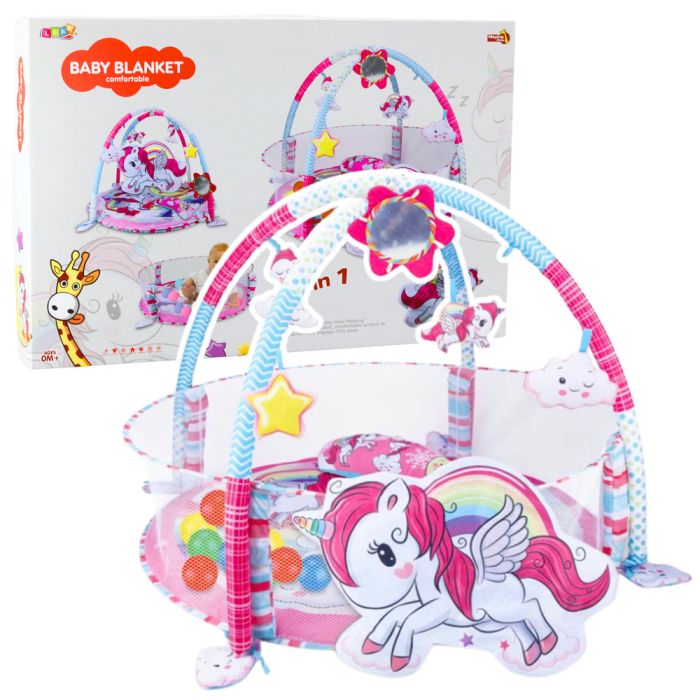 Alfombra educativa 3 en 1 con piscina de bolas unicornio rosa