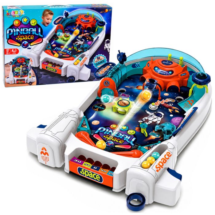 Juego de pinball espacial con temática colorida y 8 pelotas.