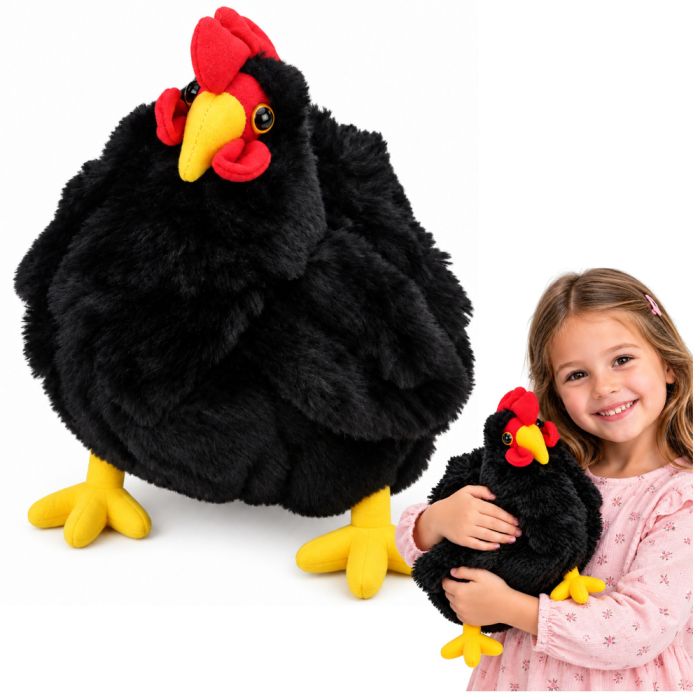Gallina de peluche suave de Lean toys en un entorno acogedor.