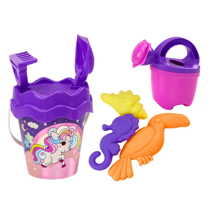 Set de Arena con Cubo, Pala, Rastrillo, Regadera y Unicornio Rosa