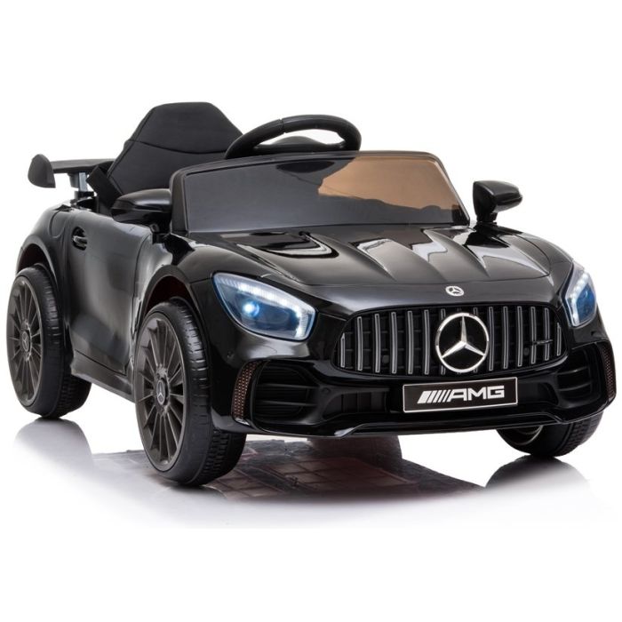 Coche eléctrico Mercedes AMG GT R negro con diseño deportivo.