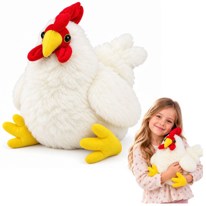 Peluche de pollo con textura suave y esponjosa, ideal para abrazos.
