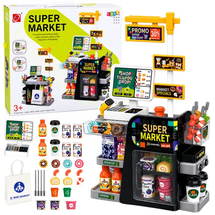 Supermercado de juguete con caja registradora y escáner electrónico