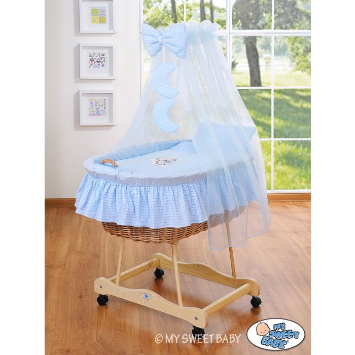 Set de Moisés de Mimbre con Ruedas y Dosel - Good Night Blue My Sweet Baby