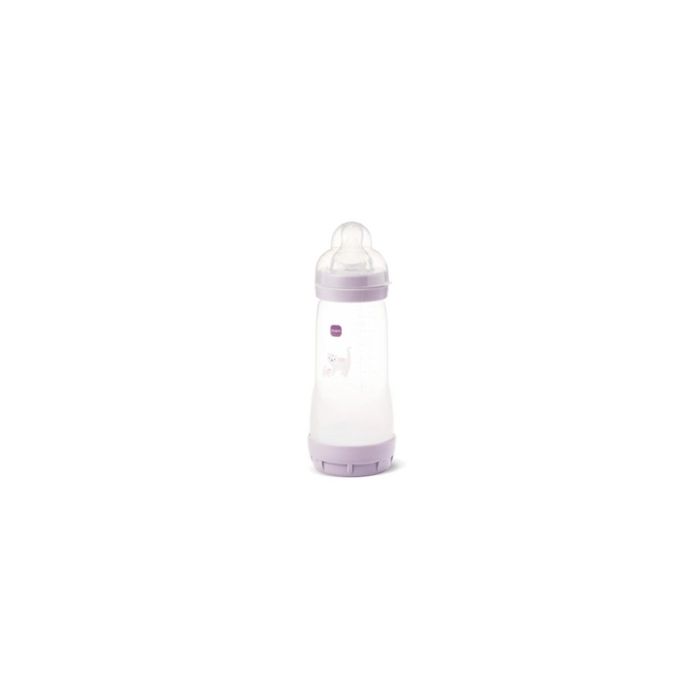 Biberón Mam baby Perfect Start 320ml en color beige destacando su tetina plana.