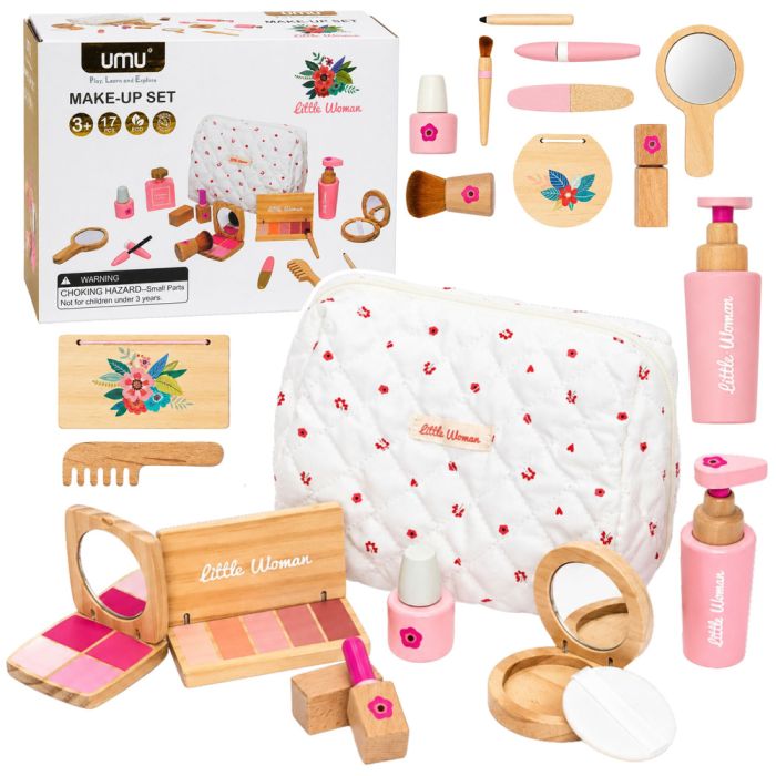 Set de belleza infantil de madera Lean Toys con bolsa de tela, vista frontal