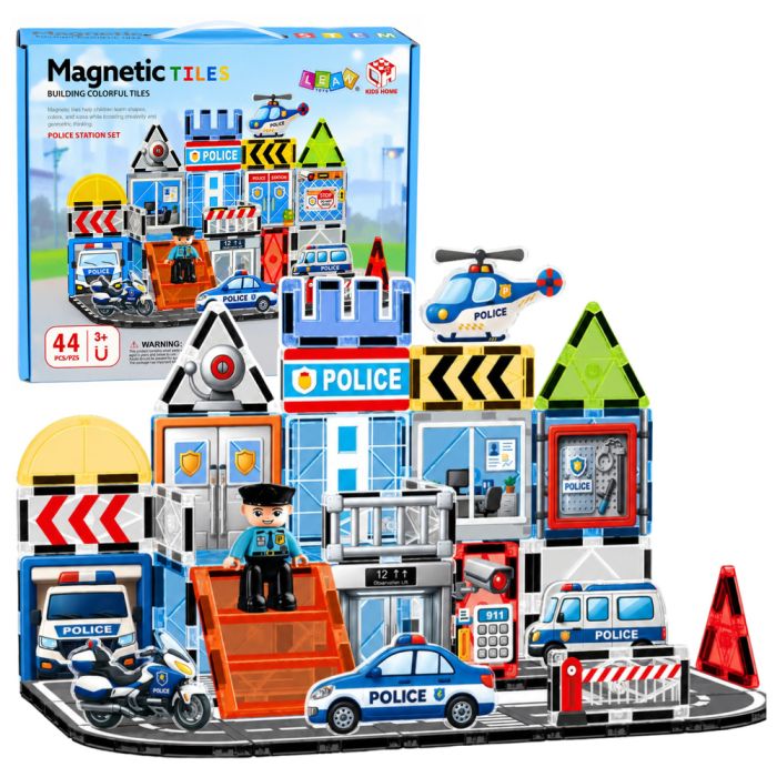 Juego de bloques magnéticos Policía de Lean toys con 44 piezas coloridas.