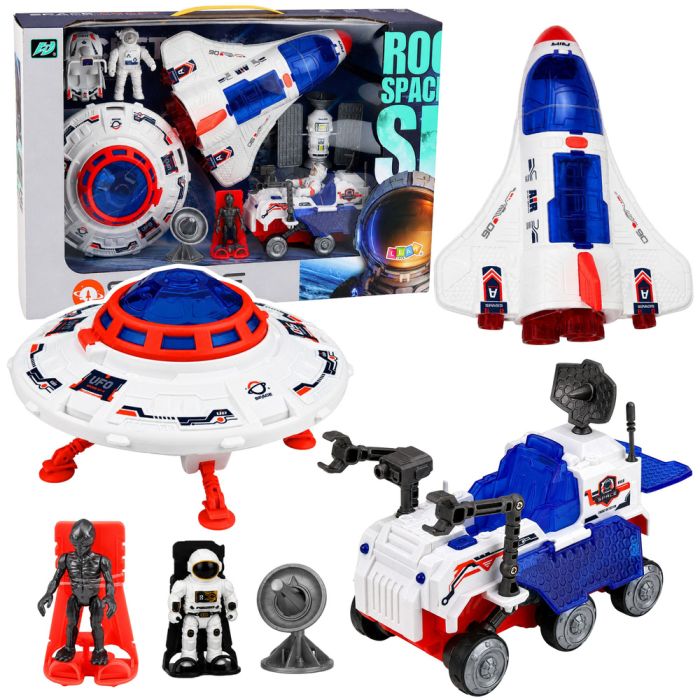 Set espacial con transbordador, ovni, satélite y astronautas