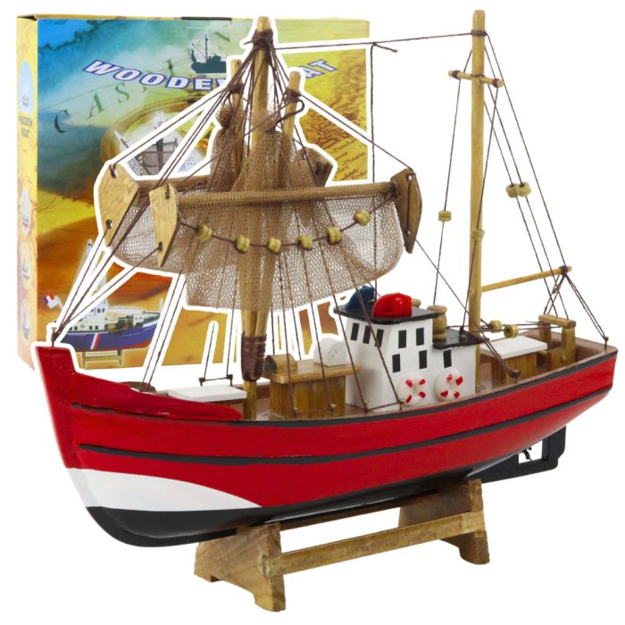 Modelo Decorativo de Barco de Pesca Rojo 30x26cm