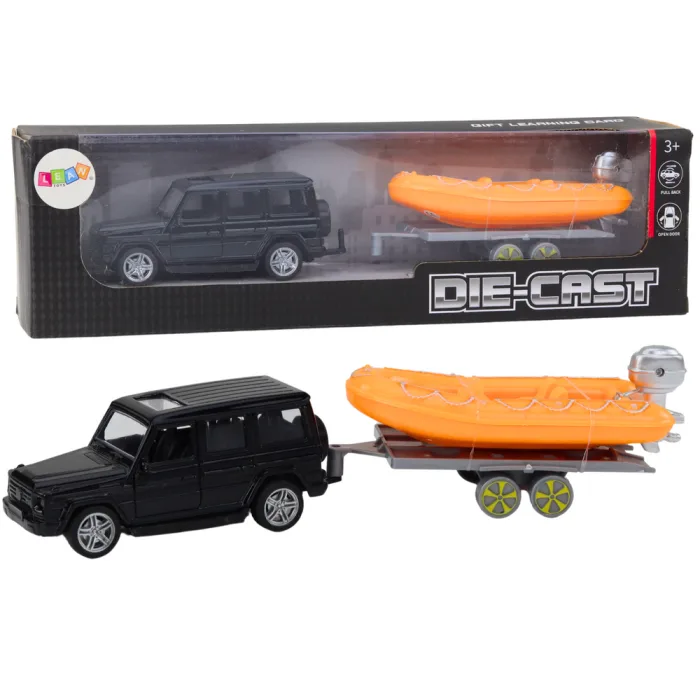 Coche Off-Road Negro con Remolque y Barco Naranja