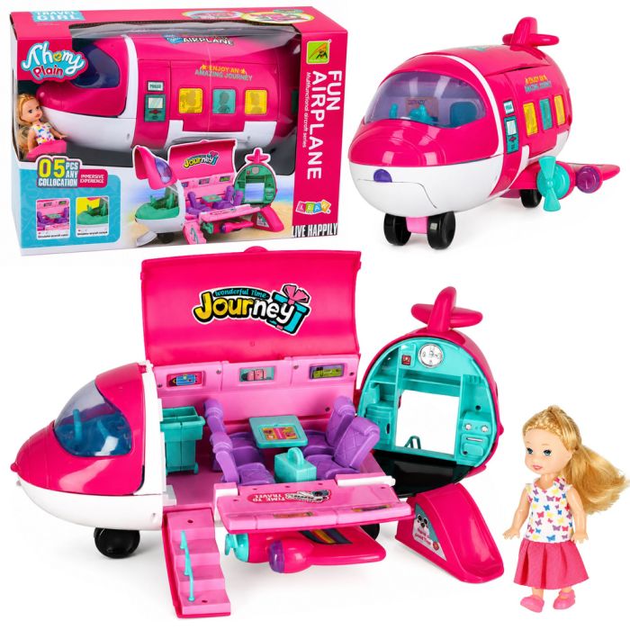 Avión pasajero plegable 2 en 1 para muñecas de color rosa