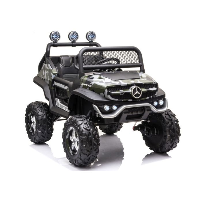 Coche eléctrico infantil Mercedes Unimog S camuflaje militar LEAN CARS vista lateral