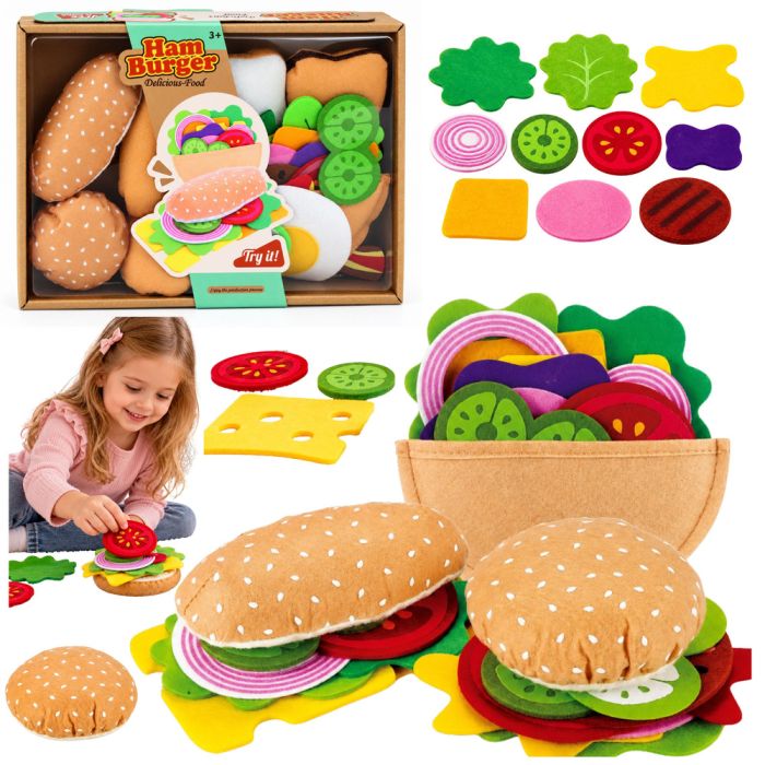 Set de hamburguesa y sandwich de peluche con ingredientes coloridos
