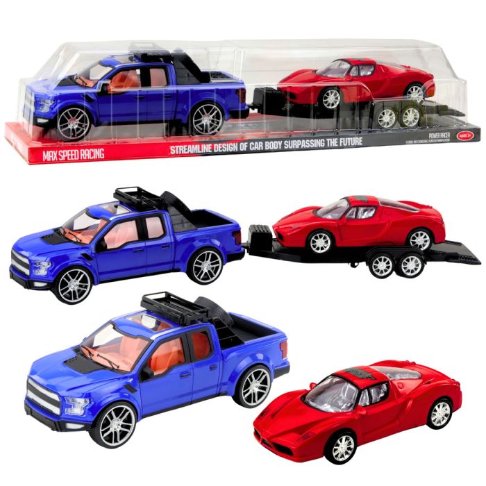 Vehículo todoterreno con remolque y coche deportivo