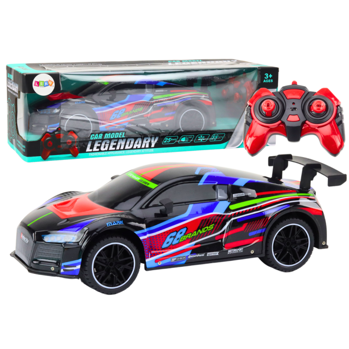 Coche Deportivo RC de Lean toys en color negro con luces LED encendidas.