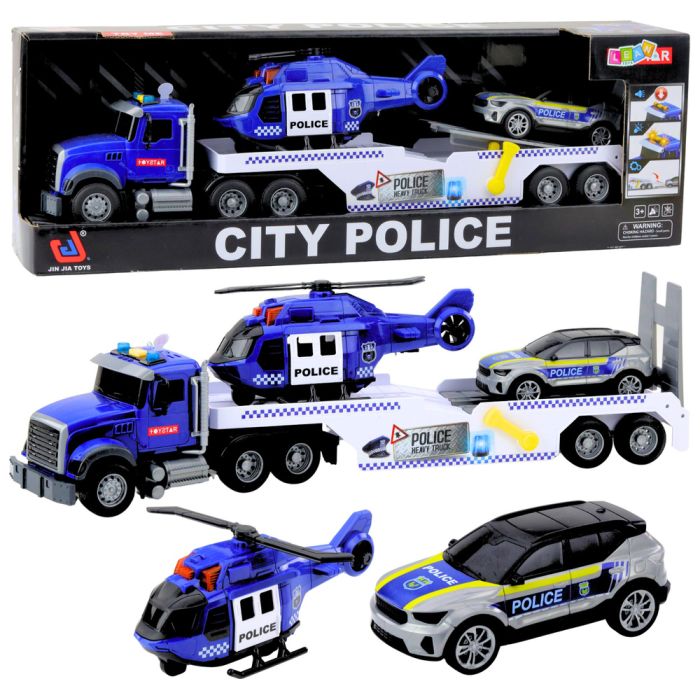 Camión policial con helicóptero y coche de policía