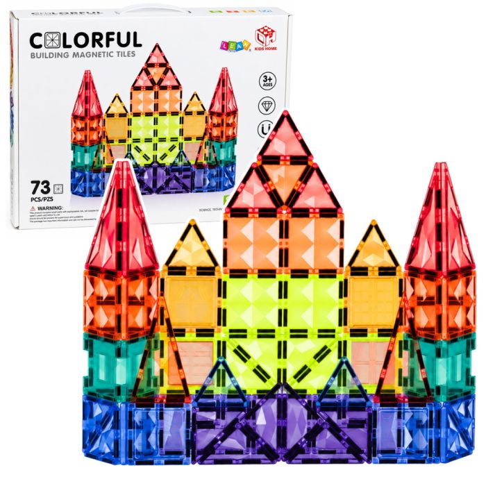 Bloques magnéticos de construcción en colores vibrantes y paneles transparentes.