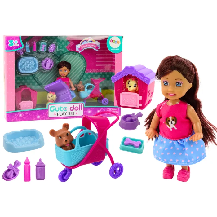 Muñeca con Perros y Accesorios de Perrera Rosa 16 pcs