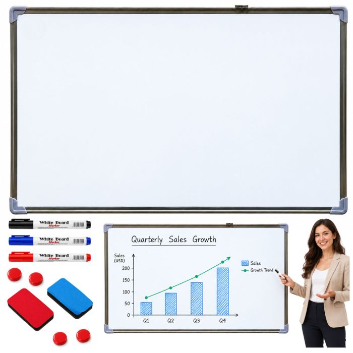 Pizarra magnética blanca de 90x60 cm con accesorios incluidos.